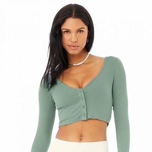 Alo Ribbed Cropped Whisper Cardigan Green